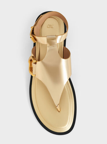 Gabine Metallic Leather Ankle-Strap Thong Sandals, Gold, hi-res