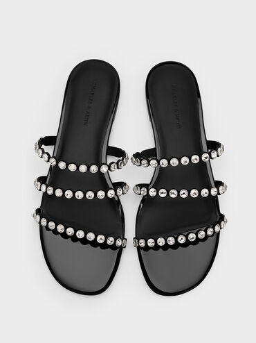 Crystal-Embellished Triple-Strap Sandals, Black Textured, hi-res