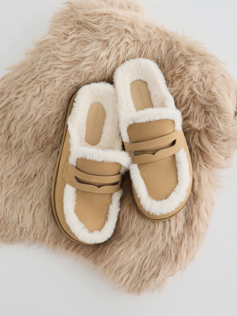 Recycled-Fur Flatform Mules, Sand, hi-res