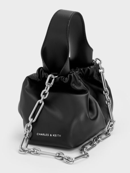 Ally Ruched Chain-Handle Bag, Noir, hi-res