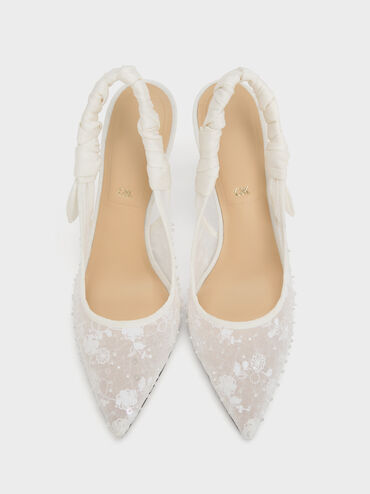 Tayari Embroidered-Mesh Slingback Pumps, White, hi-res
