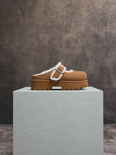 Bergen Textured Fur-Trim Buckled Platform Mules, Brown, hi-res