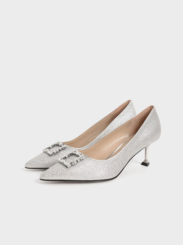 Ever Glittered Gem-Embellished Kitten Heel Pumps, Silver, hi-res