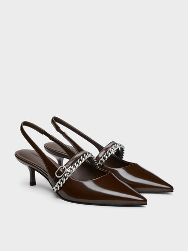 Georgie Chain Slingback Kitten Heels, Dark Brown, hi-res