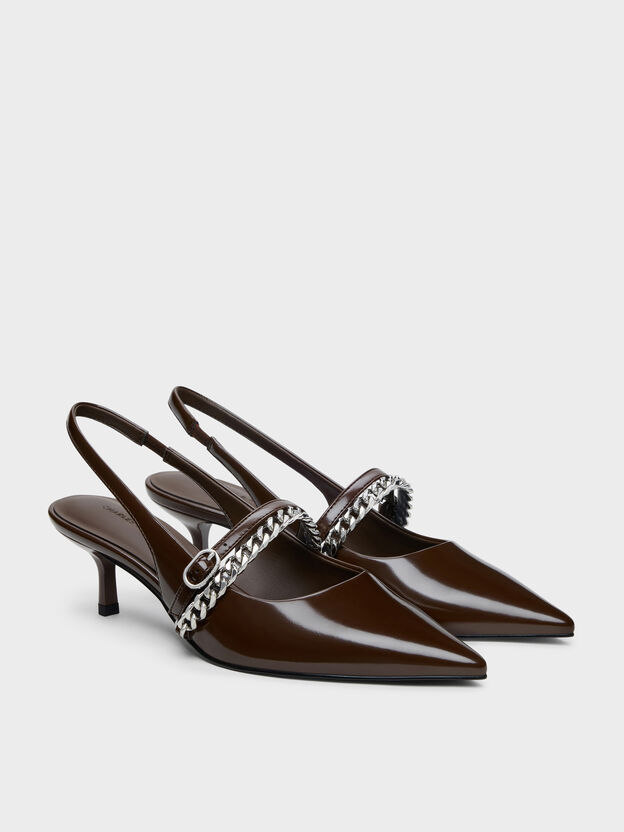 Georgie Chain Slingback Kitten Heels, Dark Brown, hi-res
