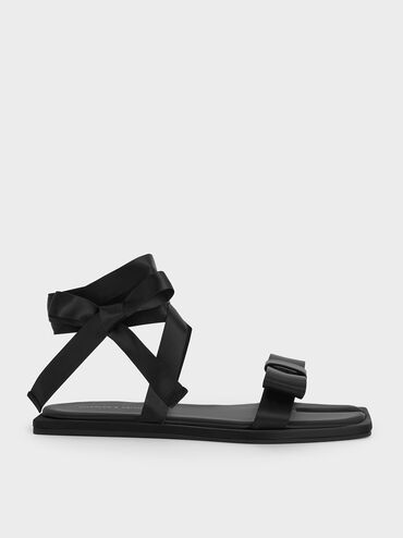 Satin Bow Tie-Around Flat Sandals, Black Textured, hi-res