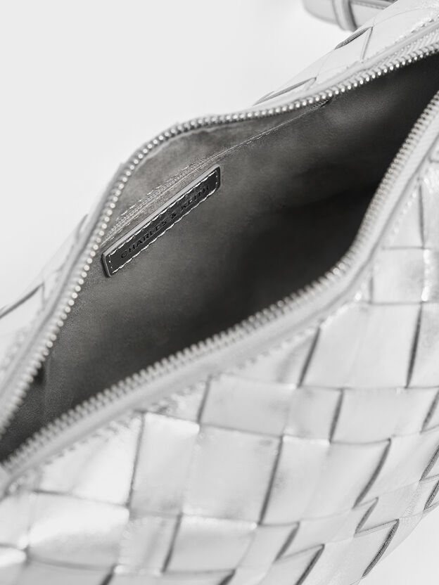 Ivette Metallic Woven Shoulder Bag, Silver, hi-res
