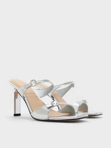 Metallic Leather Gem-Buckle Double-Strap Heeled Sandals, Silver, hi-res
