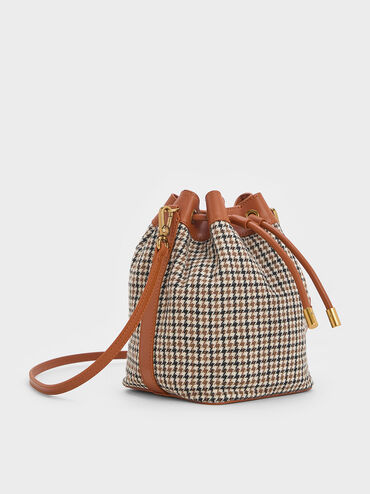 Checkered Drawstring Bucket Bag, Cognac, hi-res