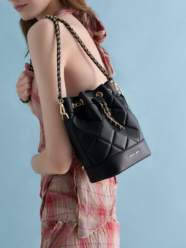 Julia Quilted Two-Way Bucket Bag, Black, hi-res