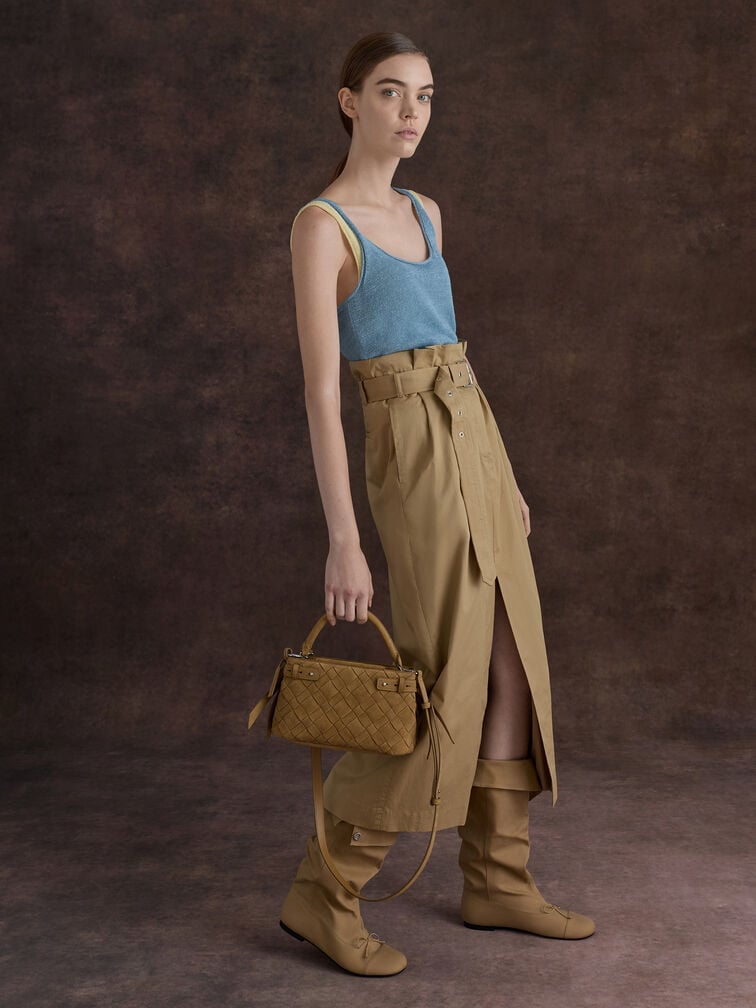 Gael Twill Studded Slouchy Knee-High Boots, Beige, hi-res