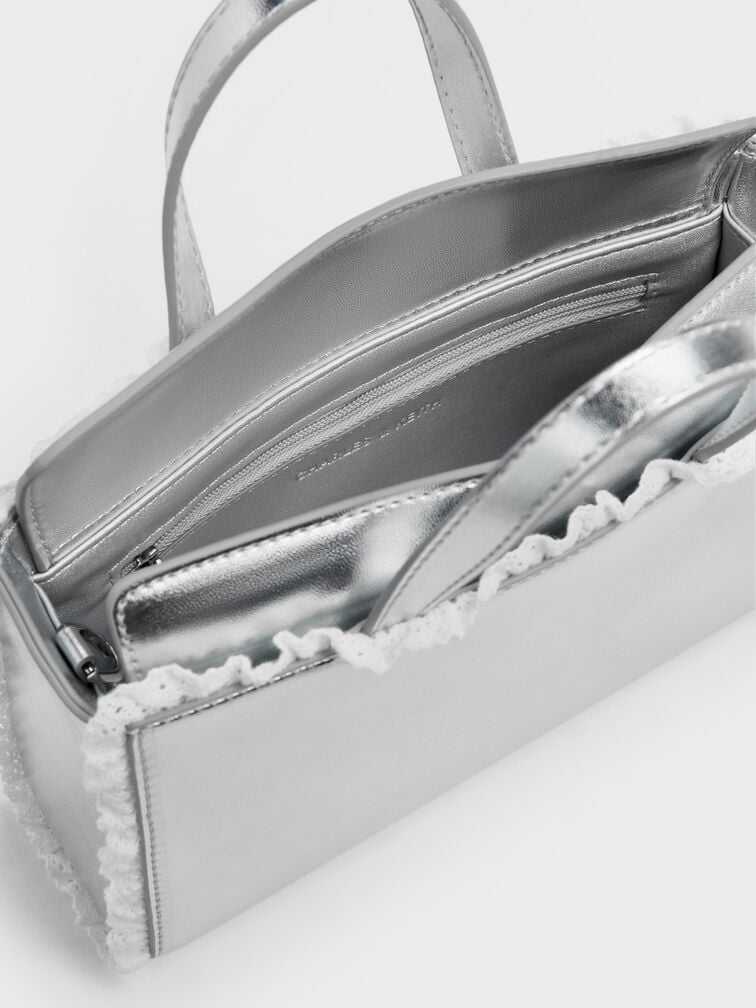 Raina Metallic Lace-Trim Tote Bag, Silver, hi-res