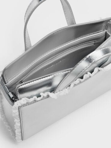 Raina Metallic Lace-Trim Tote Bag, Silver, hi-res