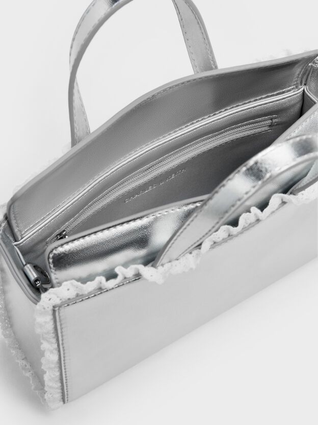 Raina Metallic Lace-Trim Tote Bag, Silver, hi-res