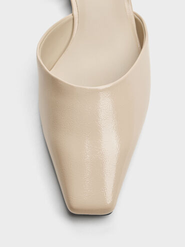 Patent Metallic-Accent Square-Toe Slingback Flats, Beige, hi-res
