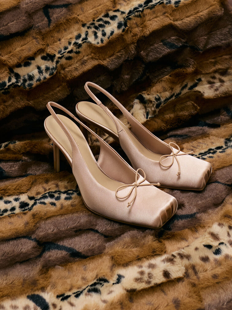 Satin Ruched Stiletto Slingback Pumps, Nude, hi-res