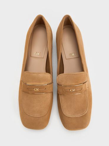 Suede Penny Square-Toe Loafers, Caramel, hi-res