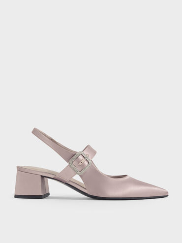 Satin Crystal-Buckle Block-Heel Slingback Pumps, Mauve, hi-res