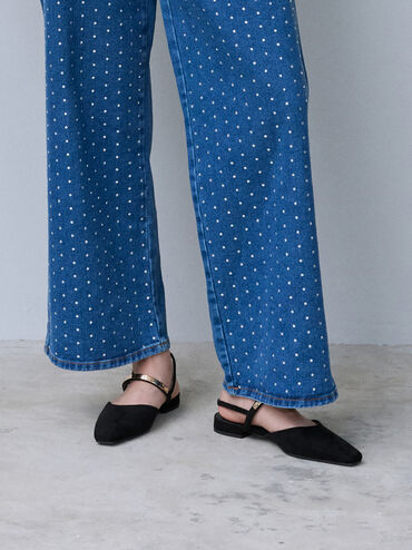 Faux Suede Metallic-Accent Square-Toe Slingback Flats, Black Textured, hi-res