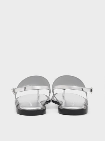 Metallic V-Strap Slingback Thong Sandals, Silver, hi-res