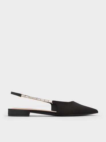 Satin Crystal-Embellished Strap Slingback Flats, Black Textured, hi-res