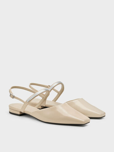 Patent Metallic-Accent Square-Toe Slingback Flats, Beige, hi-res