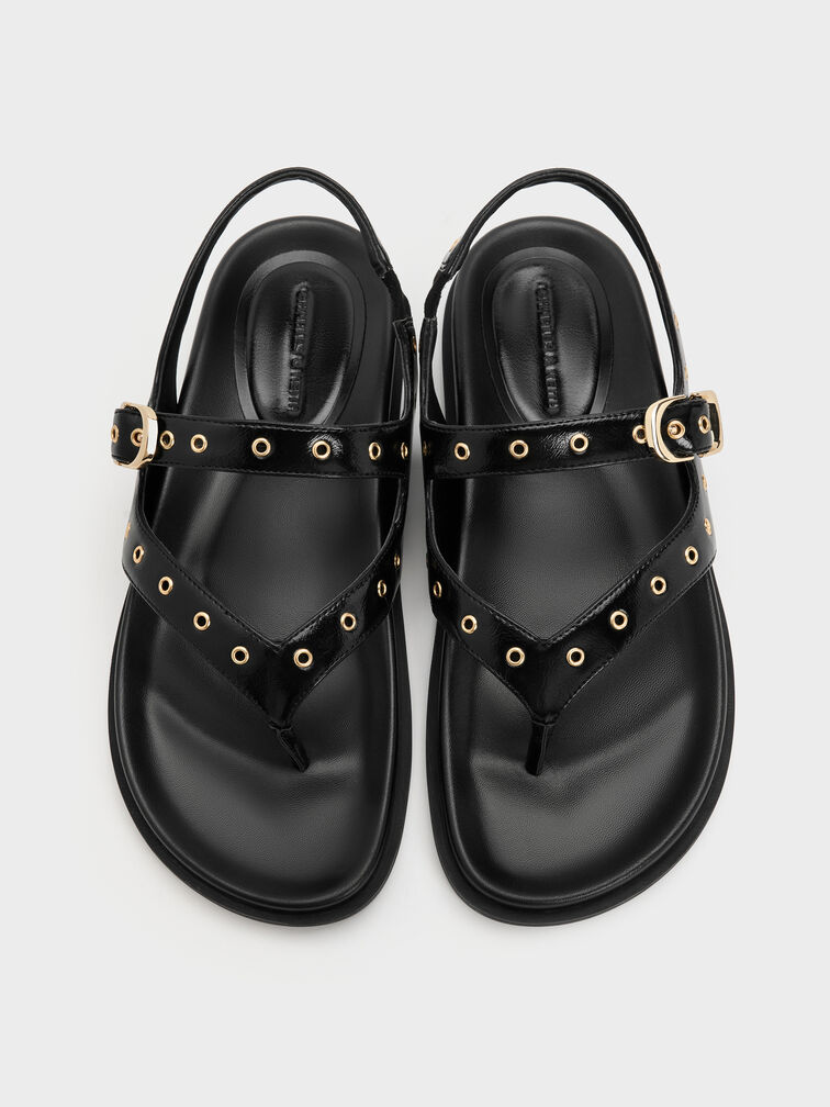 Grommet Thong Slingback Sandals, Black, hi-res