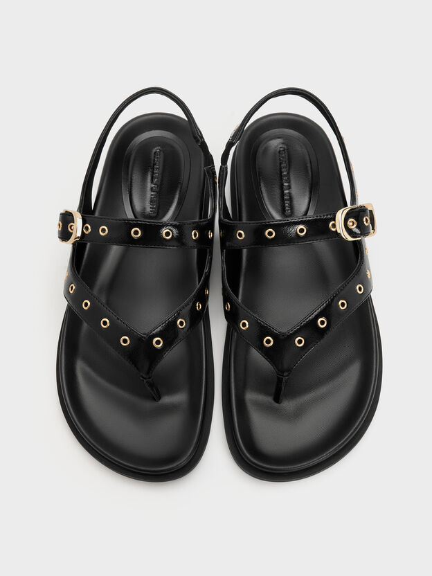 Grommet Thong Slingback Sandals, Black, hi-res