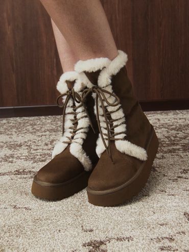 Faux Suede & Faux Fur Foldover Flatform Boots, Brown, hi-res