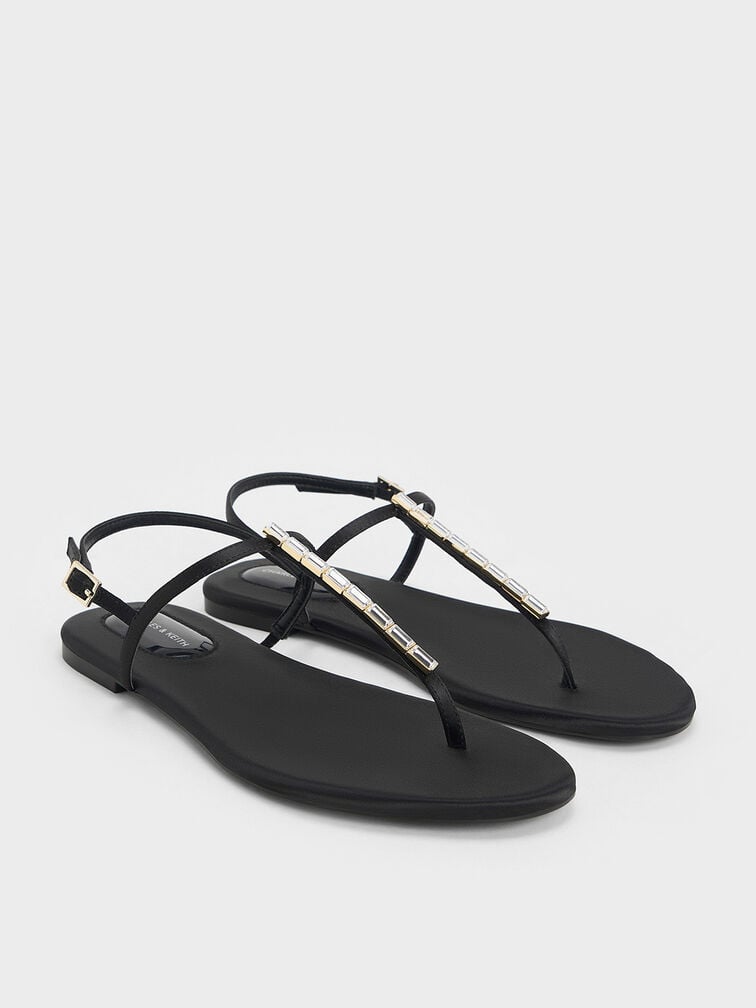 Satin Crystal-Embellished Thong Slingback Sandals, Black Textured, hi-res