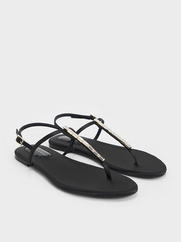 Satin Crystal-Embellished Thong Slingback Sandals, Black Textured, hi-res