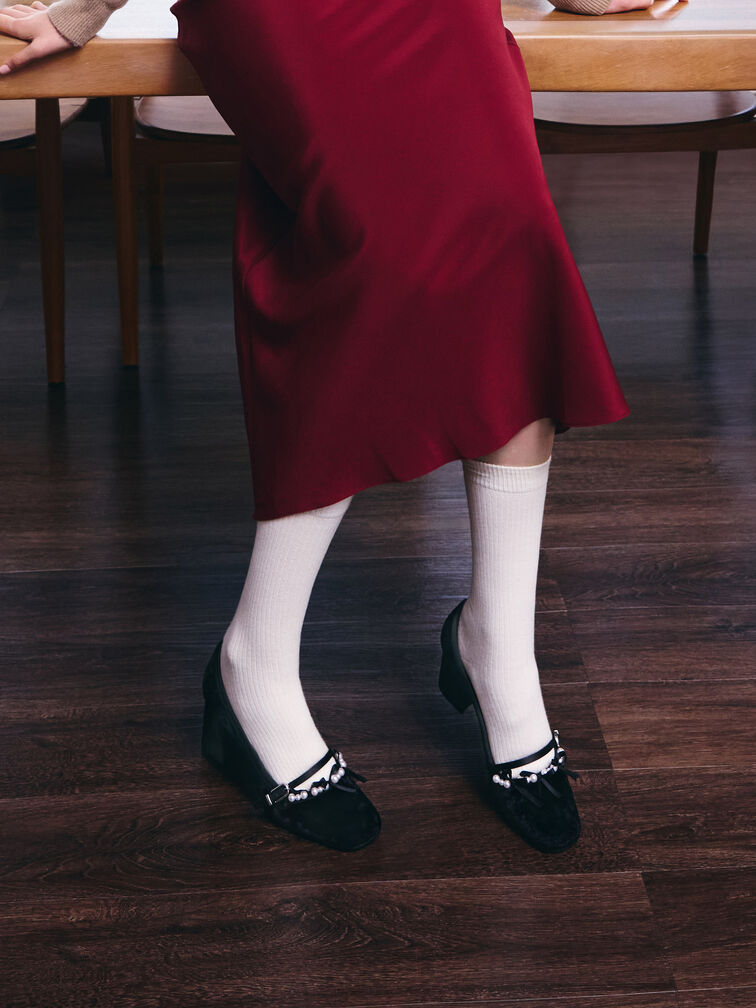 Noelie Velvet & Satin Pearl-Bow Mary Jane Pumps, Black Textured, hi-res