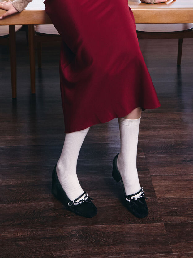 Noelie Velvet & Satin Pearl-Bow Mary Jane Pumps, Black Textured, hi-res