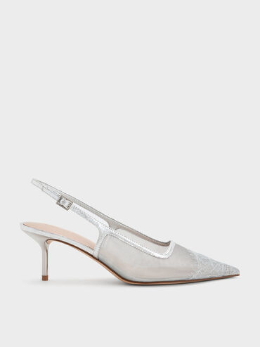 Mesh & Lace Pointed-Toe Slingback Pumps, Silver, hi-res
