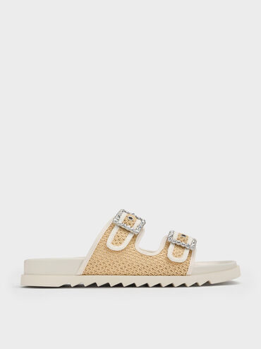 Raffia Gem-Buckle Double-Strap Sandals, Sand, hi-res