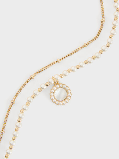 Pearl & Gemstone Double-Chain Necklace, White, hi-res