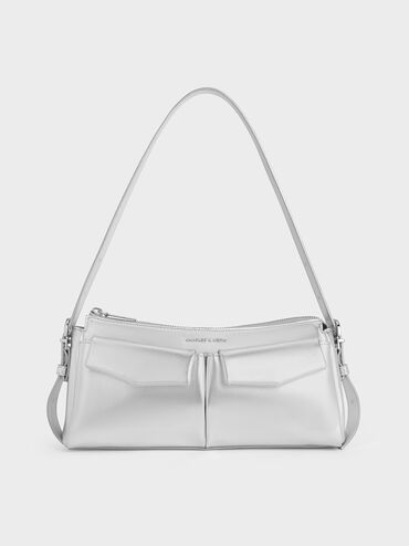 Rachel Elongated Front-Pocket Chain-Handle Bag, Silver, hi-res