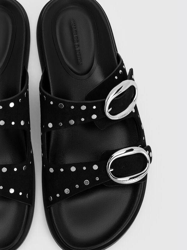 Studded Buckled Double-Strap Slides, Black, hi-res