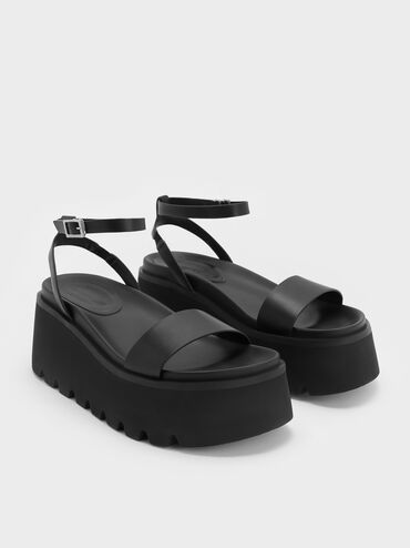 Ridged-Sole Ankle-Strap Flatform Sandals, Black, hi-res