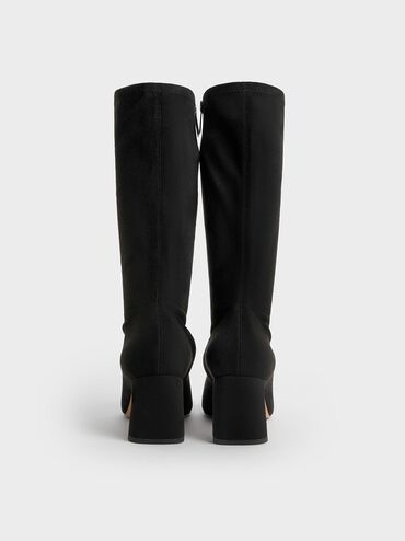 Faux Suede Blade-Heel Pointed-Toe Calf Boots, Black Textured, hi-res