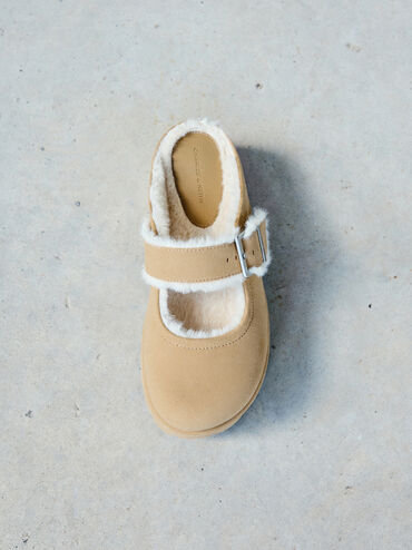 Bergen Textured Fur-Trim Buckled Platform Mules, Sand, hi-res