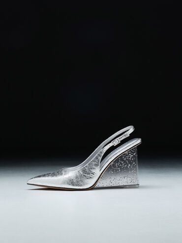 Metallic Crinkle-Effect Speckled-Heel Slingback Wedges, Silver, hi-res