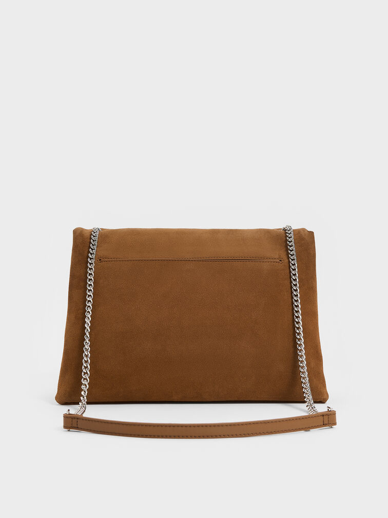 Sianna Recycled Suede Chain-Handle Shoulder Bag, Sienna Brown, hi-res
