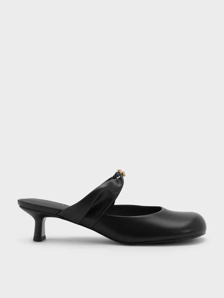 Metallic-Accent Twisted-Strap Heeled Mules, Black, hi-res