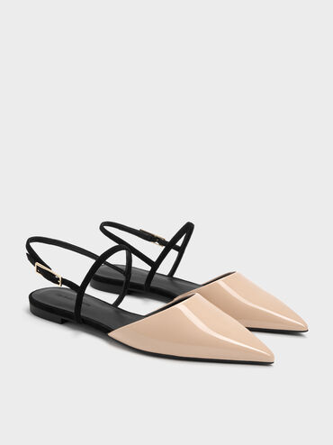 Luciana Patent Faux Suede Pointed Slingback Flats, Nude, hi-res
