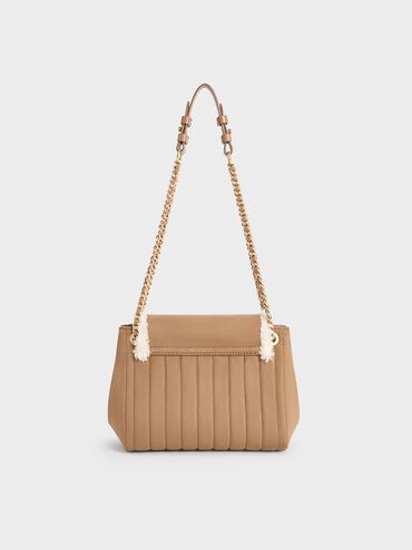 Donna Faux Suede Fur-Trim Shoulder Bag, Tan, hi-res