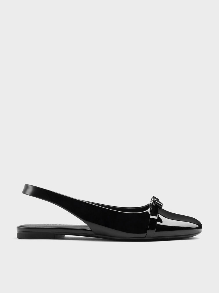 Dorian Patent Bow Slingback Flats, Black Patent, hi-res
