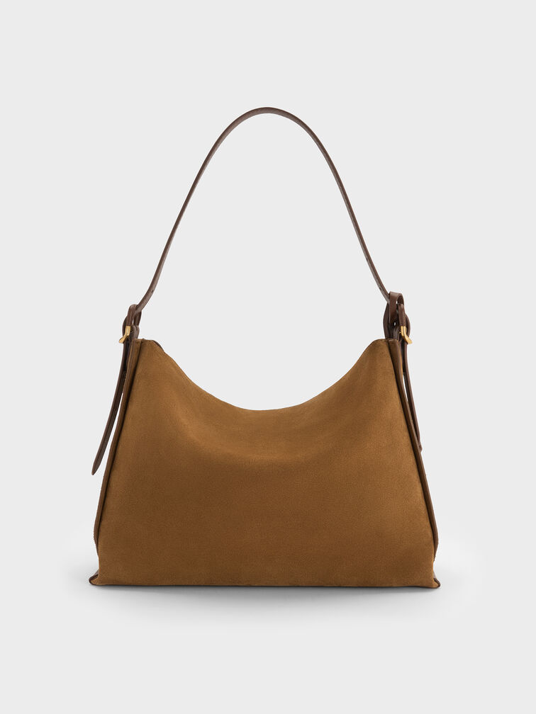 Large Leather & Suede Top-Flap Hobo Bag, Brown, hi-res
