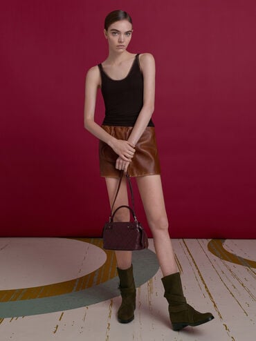 Brett Faux Suede Buckle-Strap Calf Boots, Dark Brown Textured, hi-res