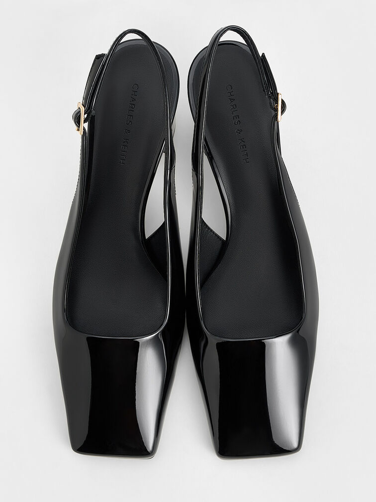Patent Square-Toe Slingback Pumps, Black Patent, hi-res